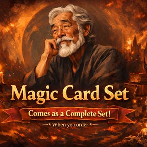 May include: An illustration for a magic card set, featuring an older man with a white beard and glasses. The text "Magic Card Set" is displayed prominently. The image has a dark, fiery background with candles and skulls.