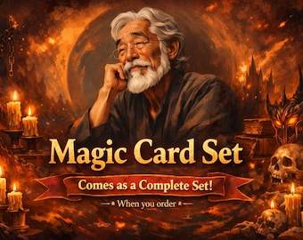May include: An illustration for a magic card set, featuring an older man with a white beard and glasses. The text "Magic Card Set" is displayed prominently. The image has a dark, fiery background with candles and skulls.