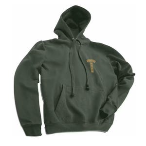 May include: Dark green hooded sweatshirt with a front pocket and drawstring. The sweatshirt features a small gold emblem on the chest. The hoodie is a casual garment, suitable for cooler weather.