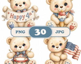4th of July Teddy Bear Clipart, Patriotic Watercolor Bear PNG Bundle, Boy Nursery Sublimation, Independence Day Clip Art