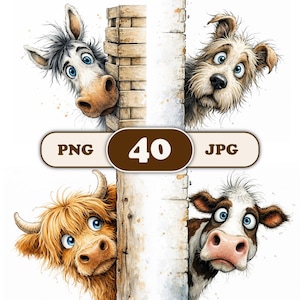 Whimsical Peeking Farm Animals Clipart Bundle | Watercolor Barnyard PNG (Digital Download)
