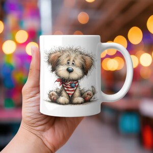 May include: White ceramic mug with a cartoon puppy design. The puppy has brown fur and wears a red and white striped bandana with a blue star. The mug has a white handle.