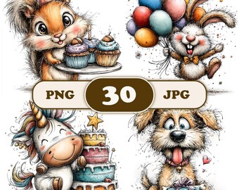 Birthday Animals Clipart, 30 Whimsical Nursery PNG, Party Animals Sublimation Designs, Watercolor simbiose total for you