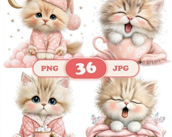 36 Watercolor Sleepy Baby Kitten Clipart | Nursery Bedtime Wall Art | Commercial Use PNG