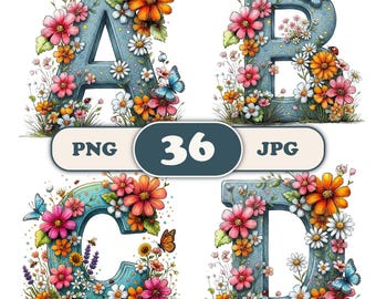 Floral Alphabet Clipart Bundle, Watercolor Letter Set, Sublimation, Cricut, Nursery Art, Commercial Use