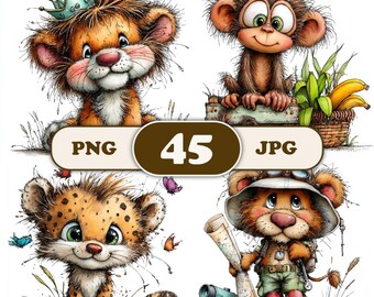 45 Whimsical Safari Animals Clipart, Jungle Nursery PNG, Wild One Birthday (Digital Download)