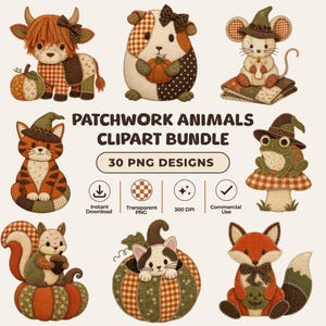 Può includere: Una collezione digitale intitolata PATCHWORK ANIMALS CLIPART BUNDLE 30 PNG DESIGNS con illustrazioni di mucca highland, porcellino d'India, topo, gatto, rana, scoiattolo e volpe, realizzate con texture in tessuto, colori autunnali e motivi.