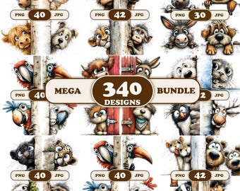 340 Watercolor Peeking Animals Clipart Bundle, Nursery Whimsical PNG Sublimation Designs, Commercial Use