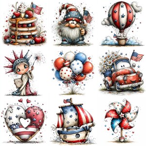May include: A set of illustrations with patriotic themes, including the American flag, a hot air balloon, a gnome, pancakes, a Liberty figure, a car, balloons, a heart-shaped donut, a sailboat, and a pinwheel. The colour scheme is red, white, and blue.