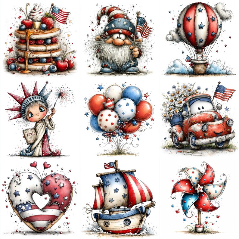 May include: A set of illustrations with patriotic themes, including the American flag, a hot air balloon, a gnome, pancakes, a Liberty figure, a car, balloons, a heart-shaped donut, a sailboat, and a pinwheel. The colour scheme is red, white, and blue.