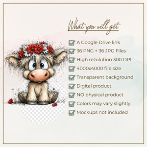 May include: Digital download image of a cartoon Highland cow wearing a floral crown. Text reads "What you will get" and lists file details, including file type, resolution, and that it is a digital product.