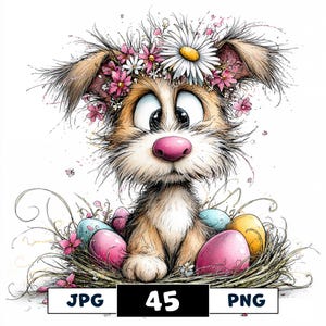 May include: A cartoon dog illustration with a pink nose and flower crown, surrounded by Easter eggs in a nest. The image has a playful, spring-like theme. The dog has large eyes. The image has a playful, spring-like theme.