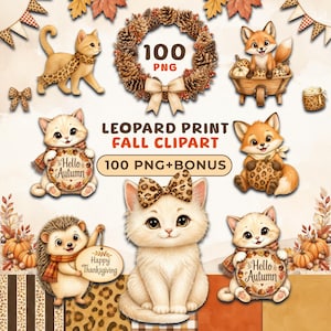 Leopard Print Fall Clipart, Watercolor Pumpkin Patch Animals PNG, Autumn Sublimation