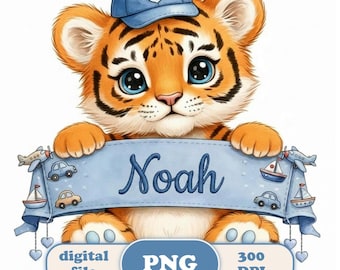 Watercolor Tiger PNG, Custom Name Printable, Whimsical Nursery Clipart, Boy Baby Shower Sublimation Design