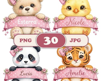 30 Whimsical Baby Animals Clipart, Watercolor Banner PNG, Sublimation, Cricut, Nursery Art, Commercial Use