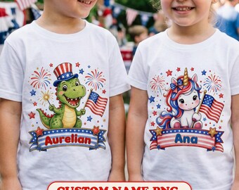 Personalized 4th of July Dinosaur Unicorn PNG, Custom Name Kids Sublimation, Boy Girl