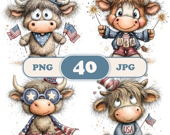 4th of July Highland Cow Clipart, 40 Whimsical Patriotic Designs, Nursery PNG, Commercial Use