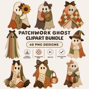 Può includere: Una collezione digitale di otto illustrazioni di fantasmi in patchwork con vari motivi, fiocchi e accessori a tema autunnale. Il testo recita PATCHWORK GHOST CLIPART BUNDLE, 40 PNG DESIGNS, Instant Download, Transparent PNG, 300 DPI, Commercial Use.