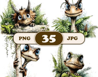35 Whimsical Peeking Dinosaur Clipart Bundle, Dino PNG, Nursery Sublimation, Kids Birthday, Baby Shower