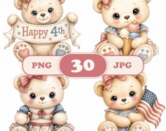 4th of July Teddy Bear Clipart, Patriotic Watercolor Bear PNG Bundle, Baby Girl Nursery Sublimation, Independence Day Clip Art