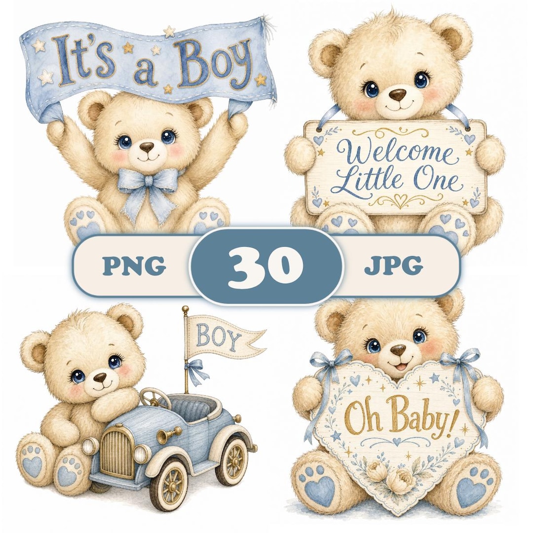 Baby Boy Teddy Bear Clipart, Watercolor Baby Shower PNG Bundle, Blue ...