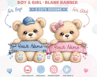 Custom Teddy Bear Banner PNG, Personalized Baby Gift T-shirt Design, Watercolor Nursery Clipart, Boy & Girl Sublimation Clipart