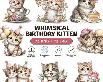 72 Watercolor Birthday Kitten Clipart, Pastel Party Cat PNG, Cake Balloon Baby Shower Nursery
