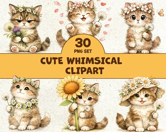 35 Whimsical Spring Clipart, Watercolor Cat Clipart, Quirky Kitten PNG, Digital Download