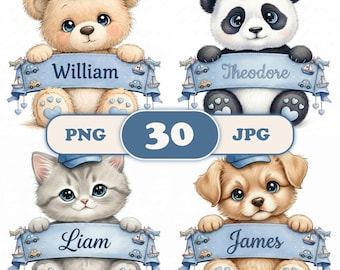 Baby Animals Clipart Bundle, Watercolor Nursery PNG, Baby Shower, Sublimation Designs, Cricut, Personalized Name