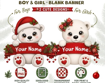 2 Christmas Polar Bear Clipart, Boy and Girl Blank Name Banner PNG, Sublimation Design