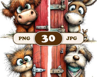 30 Whimsical Farm Animals Clipart, Watercolor Barn Door Graphics (Digital Download)