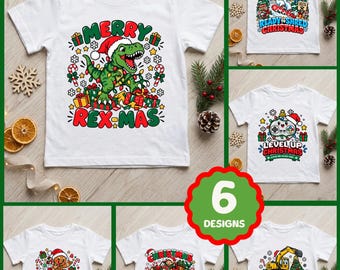Kids Christmas PNG Bundle, 6 Boys Xmas Shirt Sublimation Designs, Dinosaur Monster Truck Excavator