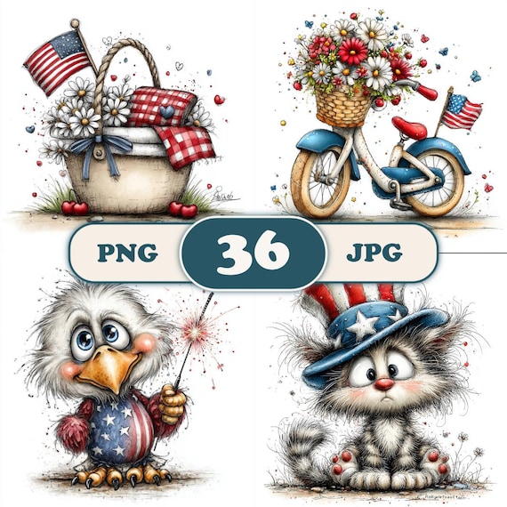 4th of July Clipart, Whimsical Watercolor Patriotic Bundle, Independence Day PNG, Patriotic Animals, USA Sublimation