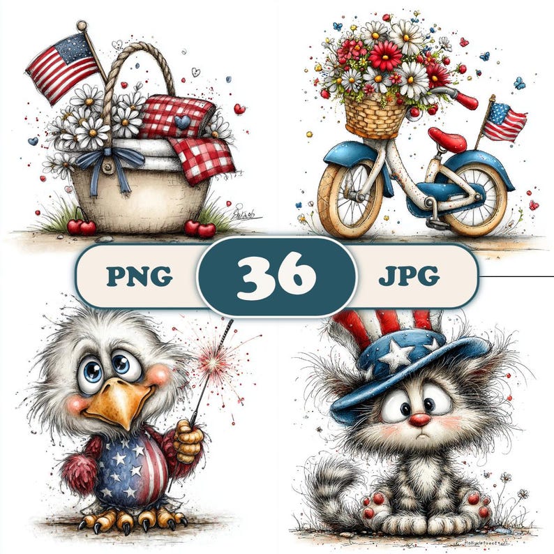 4th of July Clipart, Whimsical Watercolor Patriotic Bundle, Independence Day PNG, Cute Patriotic Animals, USA Sublimation, Red White Blue