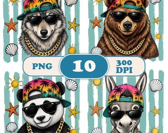 Beach Animals PNG Bundle, Summer Kids T-shirt Design, Sublimation Clipart, DTG Print, Boys Shirt