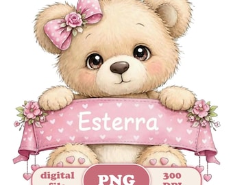 Watercolor Teddy Bear PNG, Custom Name Nursery Print, Girl Baby Shower Sublimation, Digital Download