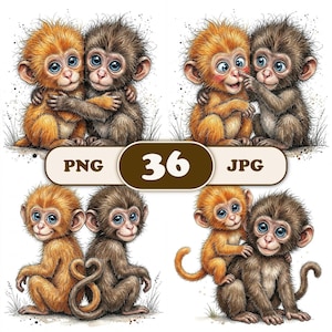 36 Whimsical Punch Monkey Clipart Bundle, Kindergarten-Tier PNG, Tier zur emotionalen Unterstützung, digitaler Download