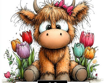 Baby Highland Cow Clipart Bundle, Watercolor Spring Flowers PNG, Nursery Farmhouse Art (Digital Download)