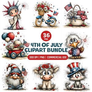 4th of July Clipart, Whimsical Watercolor Patriotic Bundle, Independence Day PNG, Cute Patriotic Animals, USA Sublimation, Red White Blue