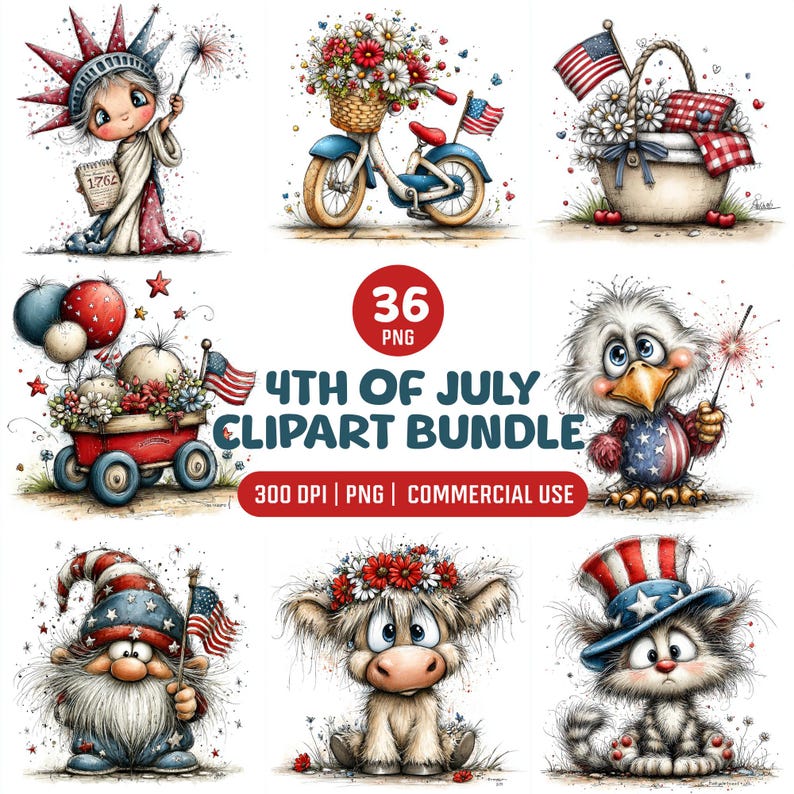 4th of July Clipart, Whimsical Watercolor Patriotic Bundle, Independence Day PNG, Cute Patriotic Animals, USA Sublimation, Red White Blue