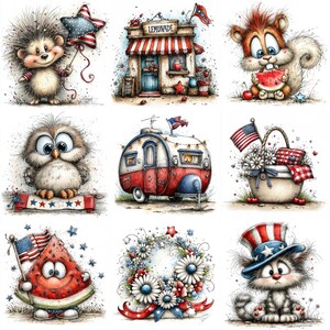 May include: A series of charming illustrations with patriotic motifs. Depicted are a hedgehog with a star balloon, a lemonade stand, a squirrel eating watermelon, an owl, a red and white camper, a basket of flowers, a watermelon slice with a flag, a floral wreath, and a cat in a hat.