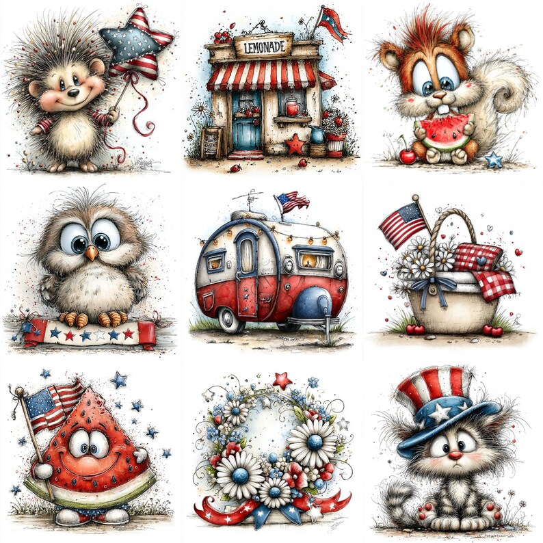 May include: A series of charming illustrations with patriotic motifs. Depicted are a hedgehog with a star balloon, a lemonade stand, a squirrel eating watermelon, an owl, a red and white camper, a basket of flowers, a watermelon slice with a flag, a floral wreath, and a cat in a hat.