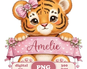Watercolor Tiger PNG, Girl Custom Name Printable Design, Nursery PNG, Baby Shower, Digital Download