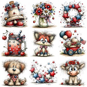 May include: Nine watercolour illustrations with a patriotic theme. The images depict a bell, flowers in a jar, a star wreath, a mason jar with cherries, a fox, a wagon, a dog, stars, and a cow, all in red, white, and blue.