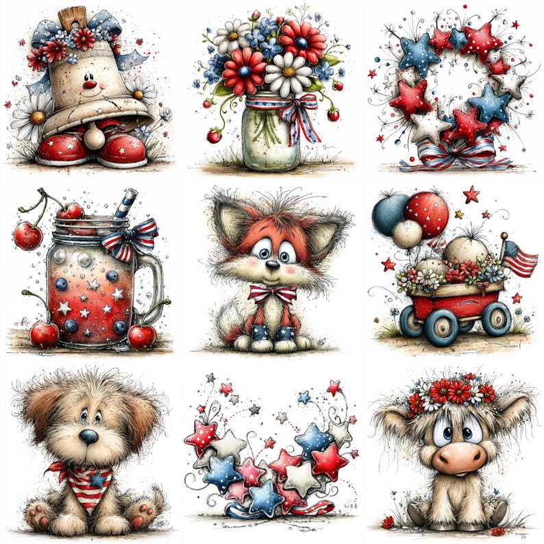 May include: Nine watercolour illustrations with a patriotic theme. The images depict a bell, flowers in a jar, a star wreath, a mason jar with cherries, a fox, a wagon, a dog, stars, and a cow, all in red, white, and blue.