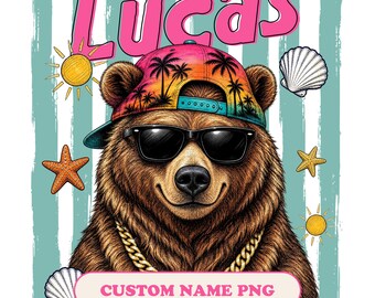 Custom Name Boy Summer Shirt PNG | Bear T-shirt Design | Kids Tee | For Print on Demand