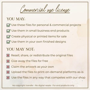 May include: A beige graphic detailing a commercial use license. The text lists permitted and prohibited uses of the files. Checkmarks indicate permitted uses, while red crosses denote prohibited actions. The text includes the phrase "Commercial use license."