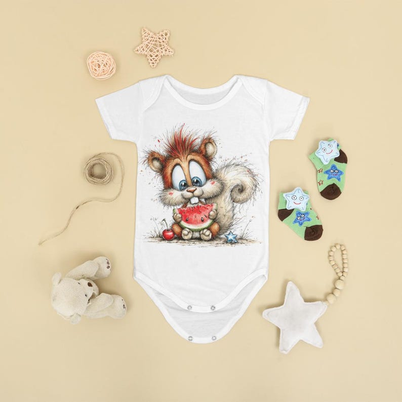 May include: White baby bodysuit with a cartoon squirrel eating watermelon. The illustration has brown, red, and blue accents. The image also includes a pair of green socks with star designs, a white star-shaped toy, and other decorative items.