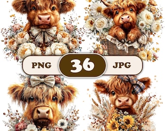 36 Whimsical Highland Cow Clipart Bundle, Sublimation, Cricut, Nursery Art, Commercial Use, Digital Download