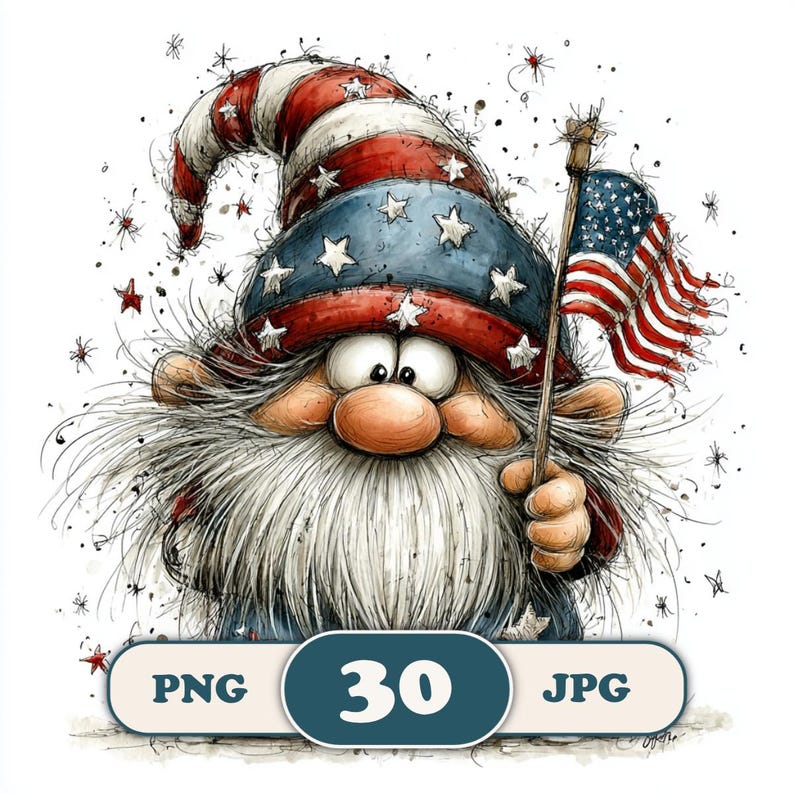 May include: A cartoon gnome illustration, wearing a red, white, and blue hat decorated with stars, and holding an American flag. The gnome has a long white beard and a smiling face. The image includes the text "PNG 30 JPG".